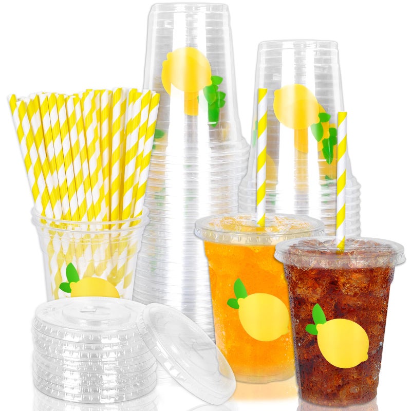 Whaline 50Pcs Lemon Disposable Plastic Cups with Lids and Straws 12oz Party Cups Yellow Lemon Cold Beverage Drinking Cups for Summer Fruit Party Birthday Baby Shower Supplies